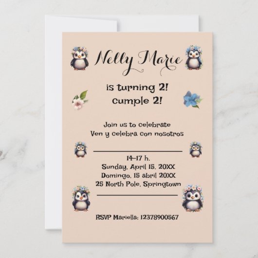Invitation Nom des pingouins mignons Texte bilingue Espagnol- (Devant)