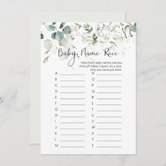 Invitation Nom du bébé jeu de course, Eucalyptus Baby shower (Devant / Derrière)