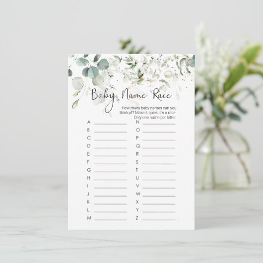 Invitation Nom du bébé jeu de course, Eucalyptus Baby shower (Debout devant)