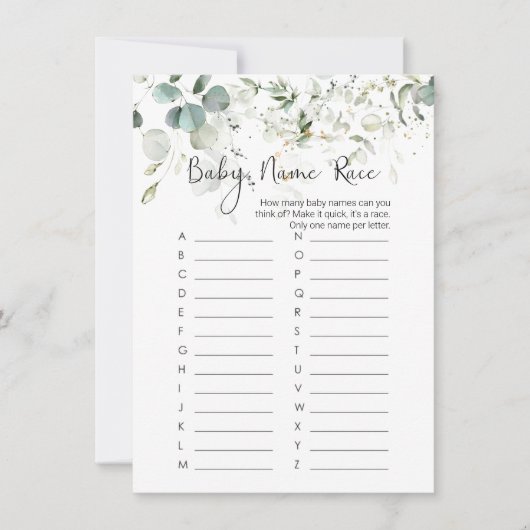 Invitation Nom du bébé jeu de course, Eucalyptus Baby shower (Devant)