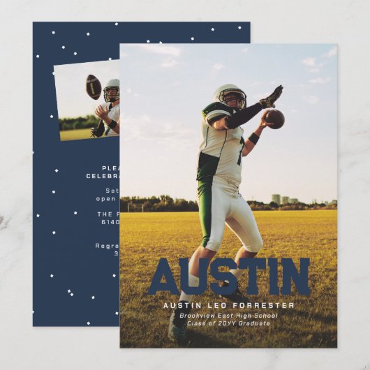 Invitation Nom gras marine bleu diplômé de la photo graduatio (Devant / Derrière)