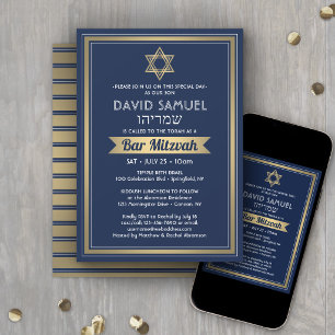 Invitation Nom hébreu Bar Mitzvah Bleu Nuit Blanc & Or