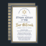 Invitation Nom hébreu Bar Mitzvah Elegant Gold White & Navy<br><div class="desc">famille et amis Invitations à une cérémonie et célébration élégante bar mitzvah avec cette invitation moderne marine bleu, blanc et faux feuille d'or. Tout le texte est simple à customiser, de sorte qu'il peut inclure n'importe quel libellé concernant le service, la lecture de la Torah, et la partie. Le design...</div>