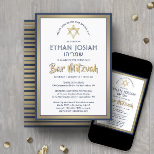Invitation Nom hébreu Bar Mitzvah Élégant Or Blanc & Marine