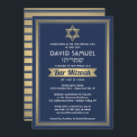 Invitation Nom hébreu Bar Mitzvah Marine Bleu Blanc & Or<br><div class="desc">famille et amis Invitations à une cérémonie élégante de bar mitzvah et célébration pour lui avec cette invitation bleu marine, blanc et faux feuille d'or. Tout le texte est simple à customiser, de sorte qu'il peut inclure n'importe quel libellé concernant le service, la lecture de la Torah, et la partie....</div>