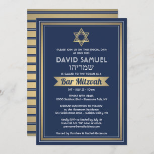 Invitation Nom hébreu Bar Mitzvah Marine Bleu Blanc & Or