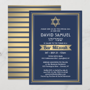 Invitation Nom hébreu Bar Mitzvah Marine Bleu Blanc & Or