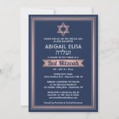 Invitation Nom hébreu Bat mitzvah Marine bleu rose rose or (Devant)
