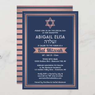 Invitation Nom hébreu Bat mitzvah Marine bleu rose rose or