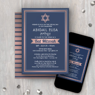 Invitation Nom hébreu Bat Mitzvah Navy Blue Rose Gold Rose
