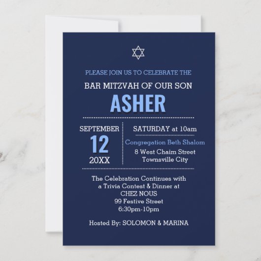 Invitation Nom moderne bleu marine Logo Bar Mitzvah (Devant)