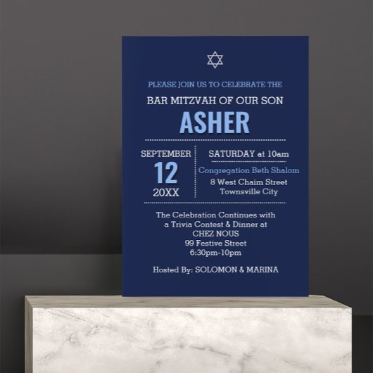 Invitation Nom moderne bleu marine Logo Bar Mitzvah