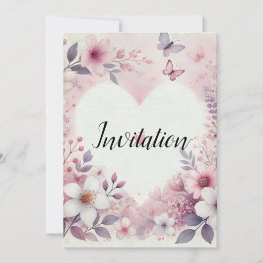Invitation Nom monogramme cœurs floraux aquarelle romantique (Devant)