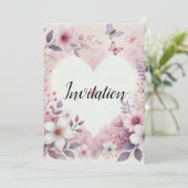 Invitation Nom monogramme cœurs floraux aquarelle romantique (Debout devant)
