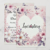 Invitation Nom monogramme cœurs floraux aquarelle romantique (Devant / Derrière)