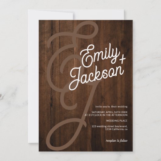 Invitation Nom monogramme gras bois rustique code qr mariage (Devant)