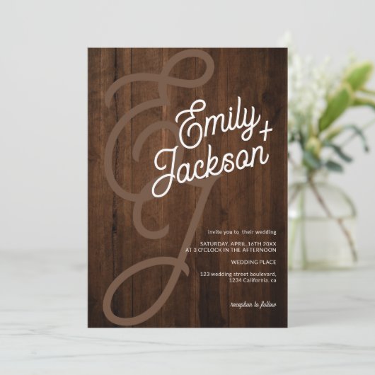 Invitation Nom monogramme gras bois rustique code qr mariage (Debout devant)