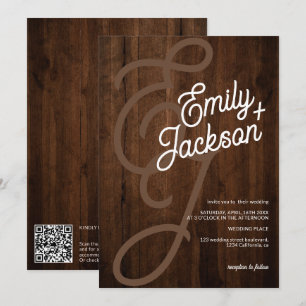 Invitation Nom monogramme gras bois rustique code qr mariage