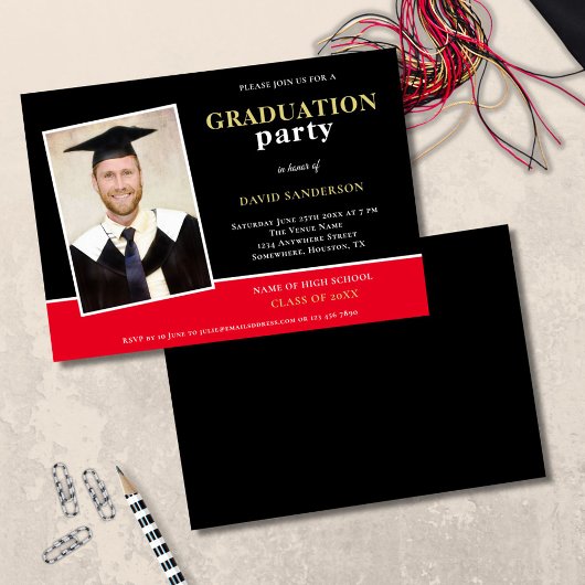 Invitation Nom photo moderne Gold Black Red Grad Party