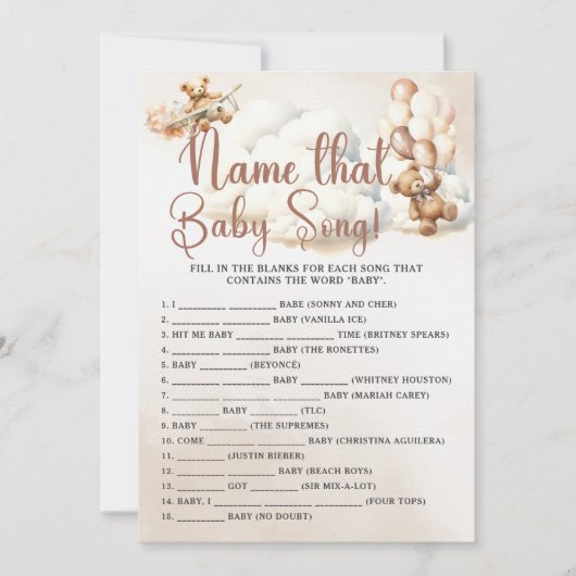 Invitation NOM QUE BÉBÉ CHANSON Baby shower Jeu mignon ours (Devant)