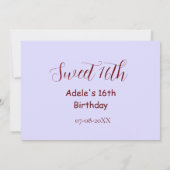 Invitation Nom rétro mauve pastel violet pour 16 ans (Dos)