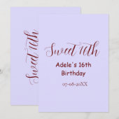 Invitation Nom rétro mauve pastel violet pour 16 ans (Devant / Derrière)