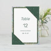 Invitation Nombres de table à paillettes dorées vert foncé gé (Debout devant)