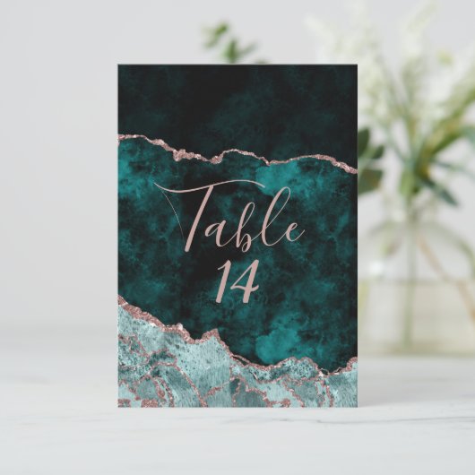 Invitation Nombres de table de mariage en agate dorée verte e (Debout devant)
