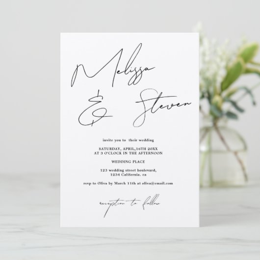 Invitation Noms chics script calligraphie noir mariage (Debout devant)