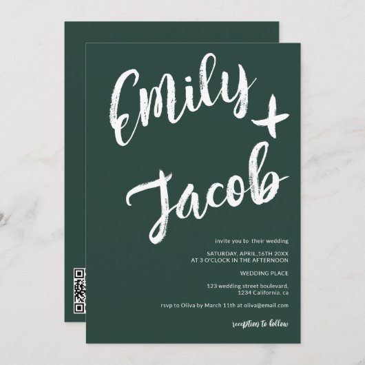 Invitation Noms de brosse moderne vert mariage de code qr (Devant / Derrière)