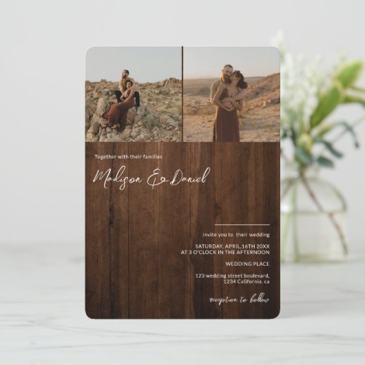 Invitation Noms de script en bois rustique 3 photos code QR m (Debout devant)