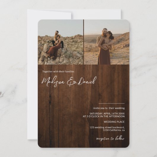 Invitation Noms de script en bois rustique 3 photos code QR m (Devant)