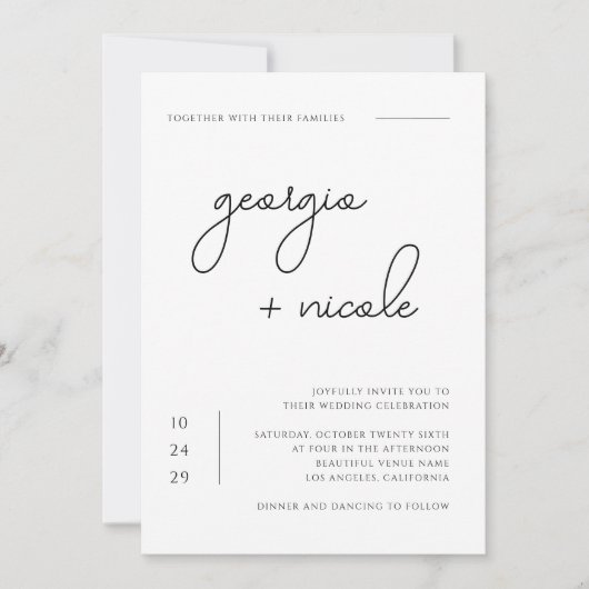 Invitation Noms de script manuscrits Mariage noir et blanc (Devant)