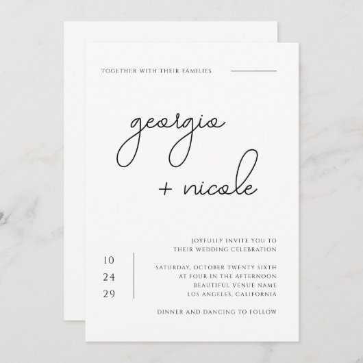Invitation Noms de script manuscrits Mariage noir et blanc (Devant / Derrière)