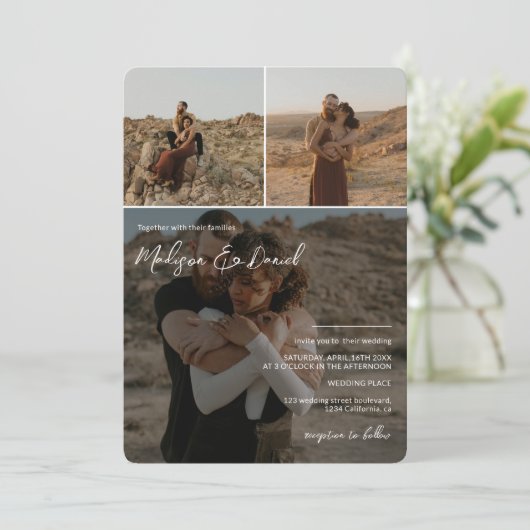 Invitation Noms de script modernes 4 photos code qr mariage (Debout devant)