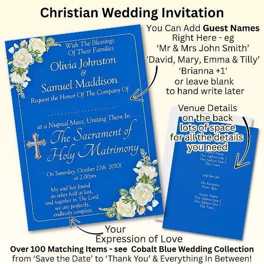 Invitation Noms des invités, Christian Cobalt Blue & White Ro