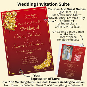 Invitation Noms des invités, Roses dorées Mariage Rouge borde