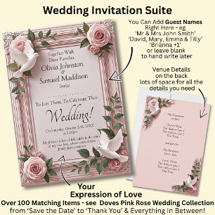 Invitation Noms des invités, roses roses et colombes de maria