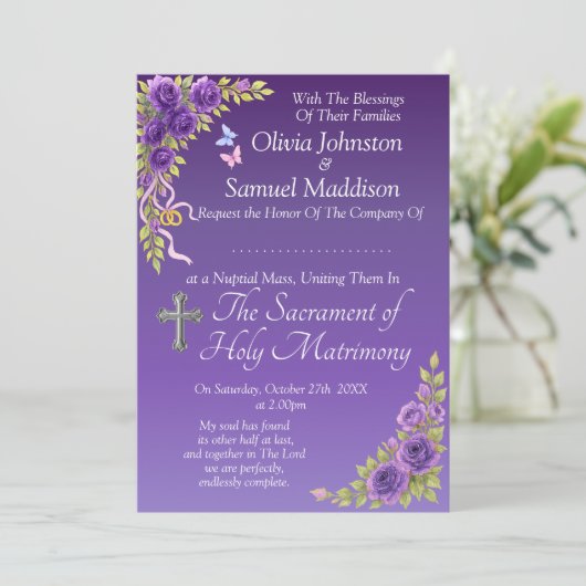 Invitation Noms d'hôtes, Christian Purple Fleurs Mauve Blanc (Debout devant)