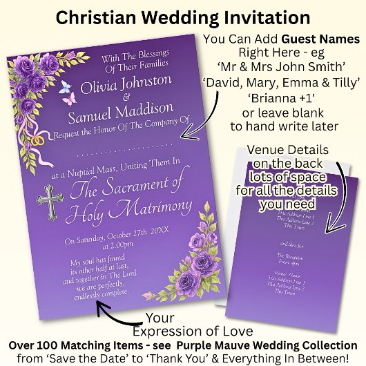 Invitation Noms d'hôtes, Christian Purple Fleurs Mauve Blanc
