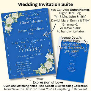 Invitation Noms d'hôtes, Cobalt bleu & blanc Roses Mariage Su