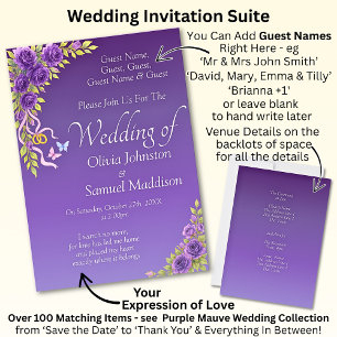 Invitation Noms d'hôtes, Fleurs mauves violettes et blanc