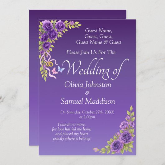 Invitation Noms d'hôtes, Fleurs mauves violettes et Mariage b (Devant / Derrière)