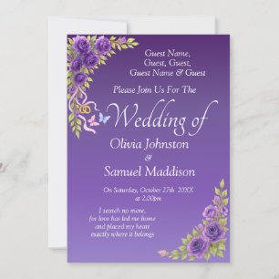 Invitation Noms d'hôtes, Fleurs mauves violettes et Mariage b