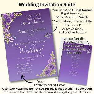 Invitation Noms d'hôtes, Fleurs mauves violettes et Mariage b