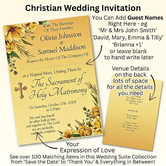 Invitation Noms d'hôtes, Golden Yellow Flowers Mariage Suite