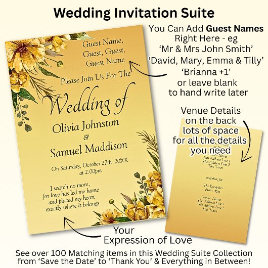 Invitation Noms d'hôtes, Golden Yellow Flowers Mariage Suite