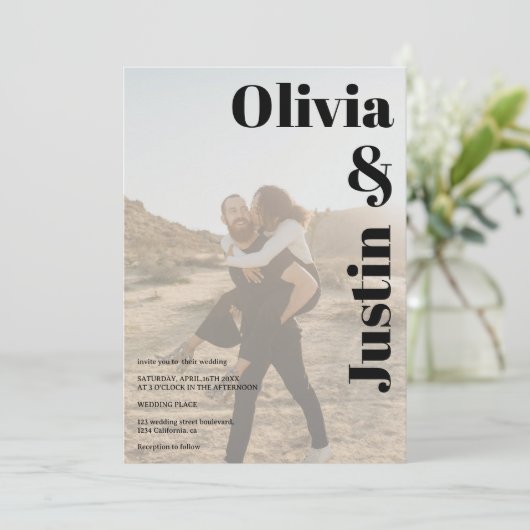 Invitation Noms gras simples 2 photos Code Qr mariage (Debout devant)