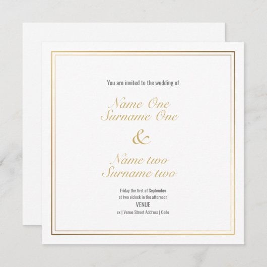 Invitation Noms modifiés avec bordure à effet or (Devant / Derrière)