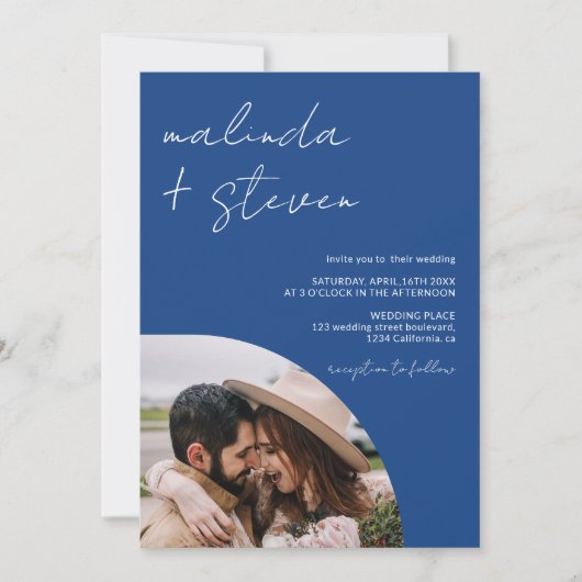 Invitation Noms script arc bleu 4 photo tout en 1 mariage (Devant)